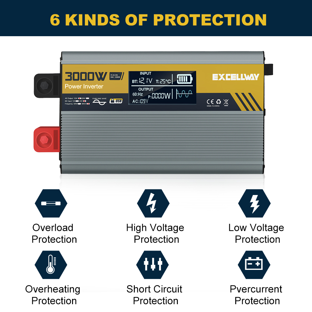 Excellway1000W-6000WPeakPowerInverter110V60HzDC12V24VConverterwithLCDDisplayACOutletsDualUSBCarCharg-1983901-2
