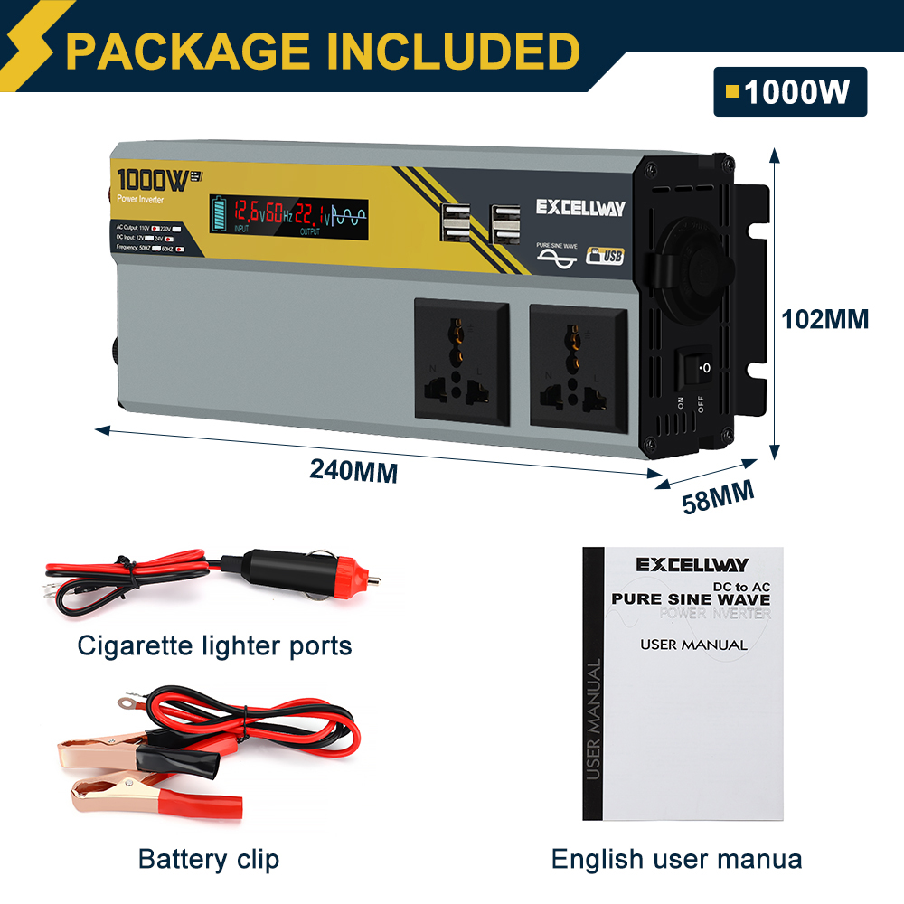Excellway1000W-6000WPeakPowerInverter110V60HzDC12V24VConverterwithLCDDisplayACOutletsDualUSBCarCharg-1983901-11