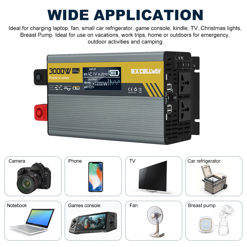 Excellway1000W-6000WPeakPowerInverter110V60HzDC12V24VConverterwithLCDDisplayACOutletsDualUSBCarCharg-1983901-3