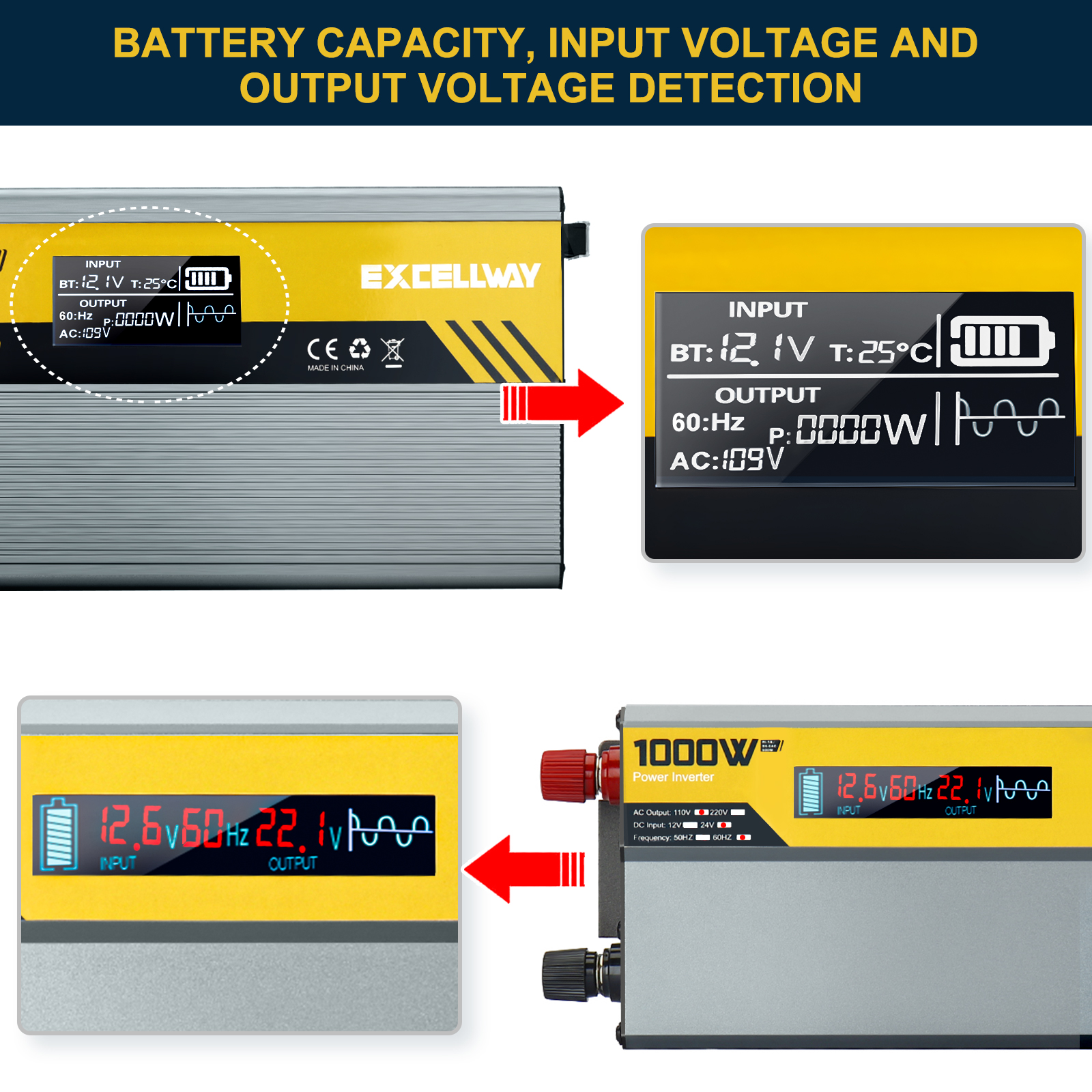 Excellway1000W-6000WPeakPowerInverter110V60HzDC12V24VConverterwithLCDDisplayACOutletsDualUSBCarCharg-1983901-4