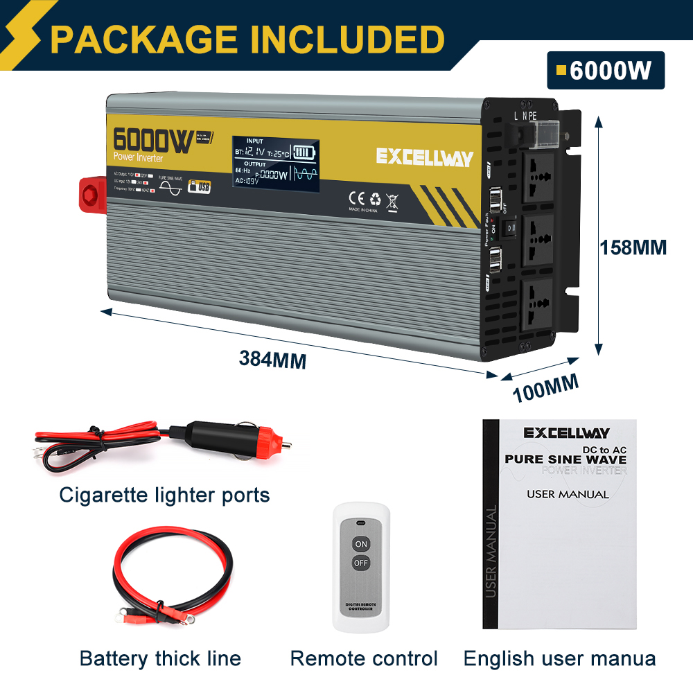 Excellway1000W-6000WPeakPowerInverter110V60HzDC12V24VConverterwithLCDDisplayACOutletsDualUSBCarCharg-1983901-7