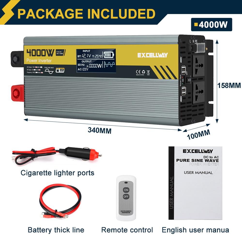 Excellway1000W-6000WPeakPowerInverter110V60HzDC12V24VConverterwithLCDDisplayACOutletsDualUSBCarCharg-1983901-8