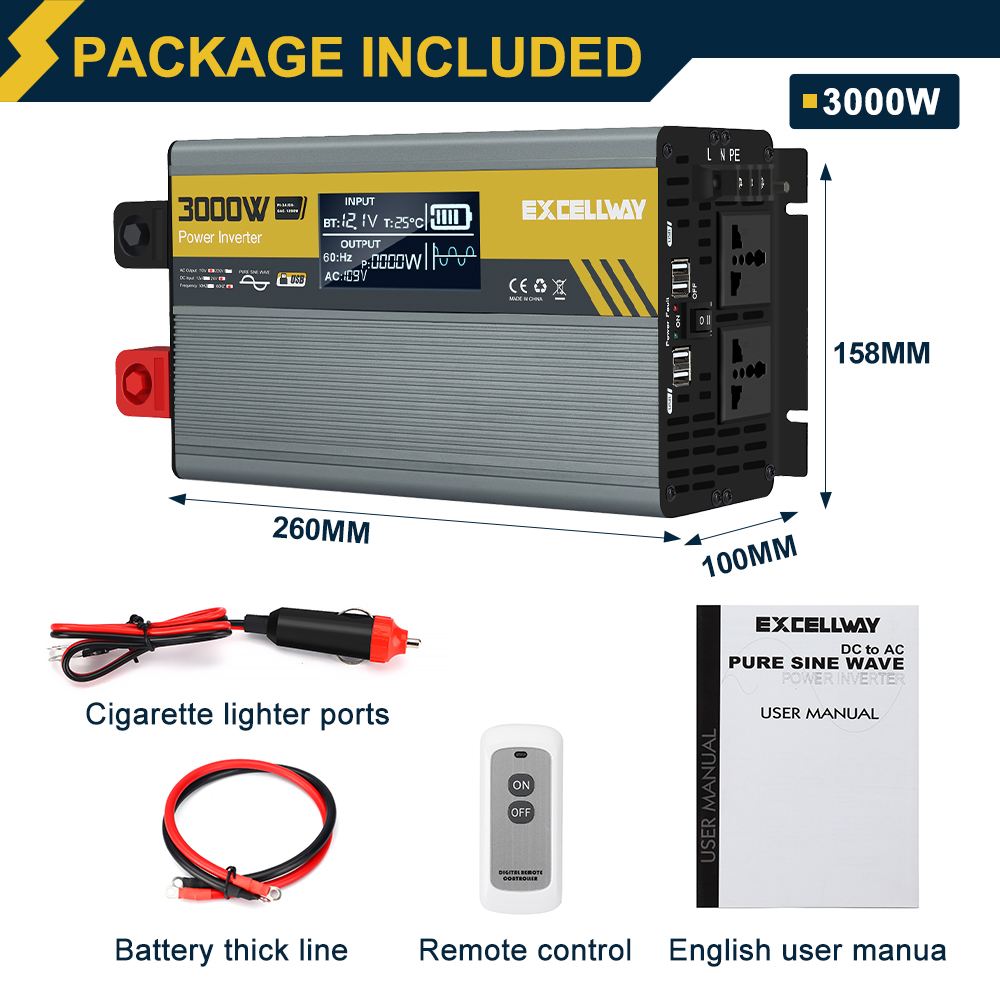 Excellway1000W-6000WPeakPowerInverter110V60HzDC12V24VConverterwithLCDDisplayACOutletsDualUSBCarCharg-1983901-9