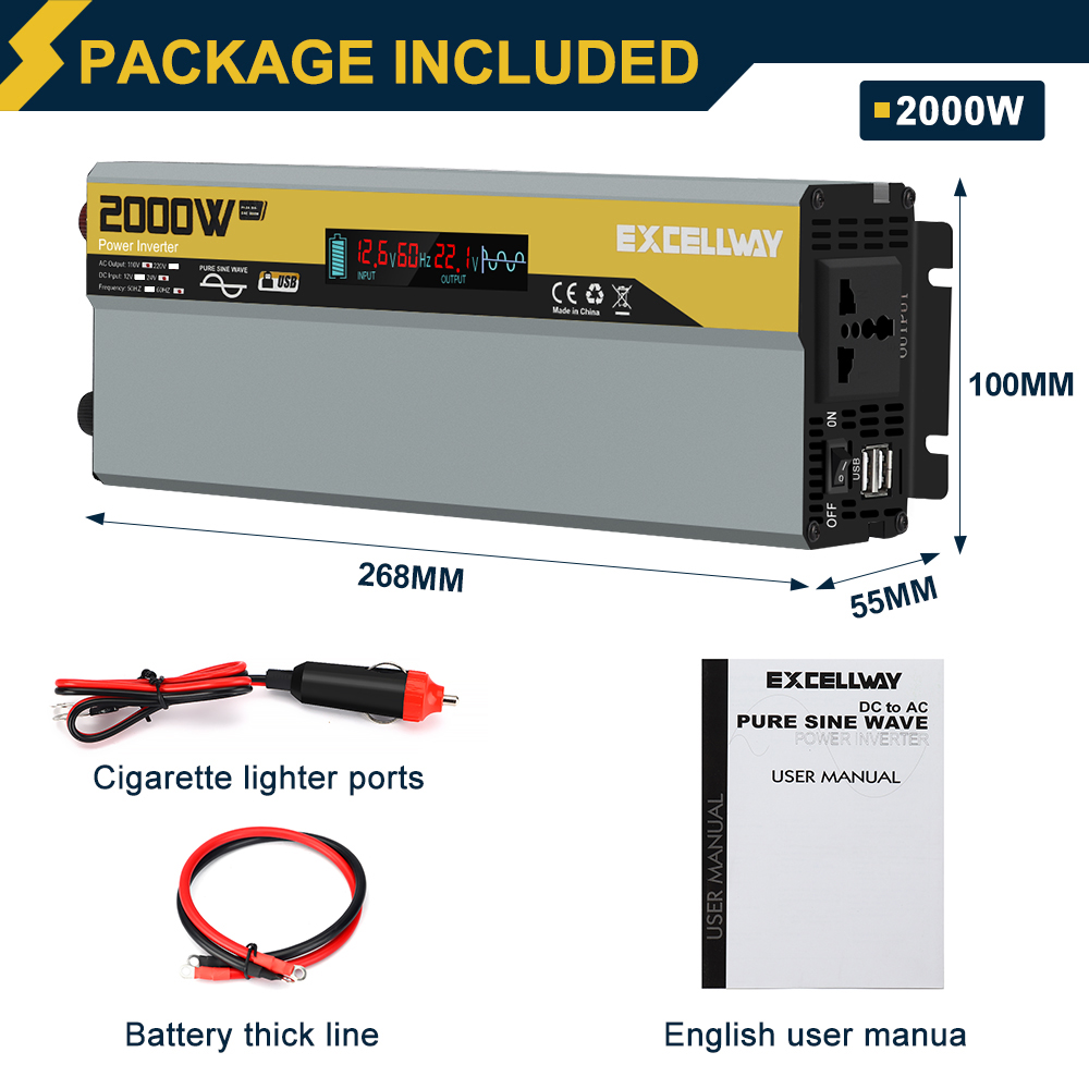 Excellway1000W-6000WPeakPowerInverter110V60HzDC12V24VConverterwithLCDDisplayACOutletsDualUSBCarCharg-1983901-10