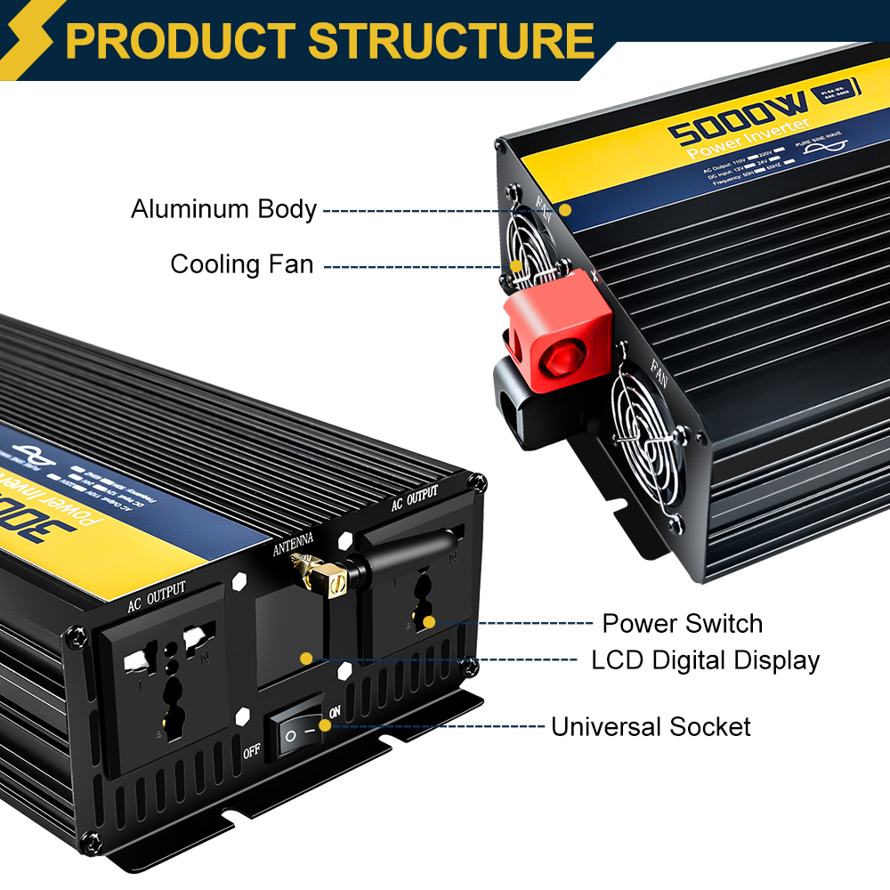 Excellway2200-7000WPureSineWaveInverter220V50HZEUStandard12V24VLEDDisplayPowerInverter-2000216-3