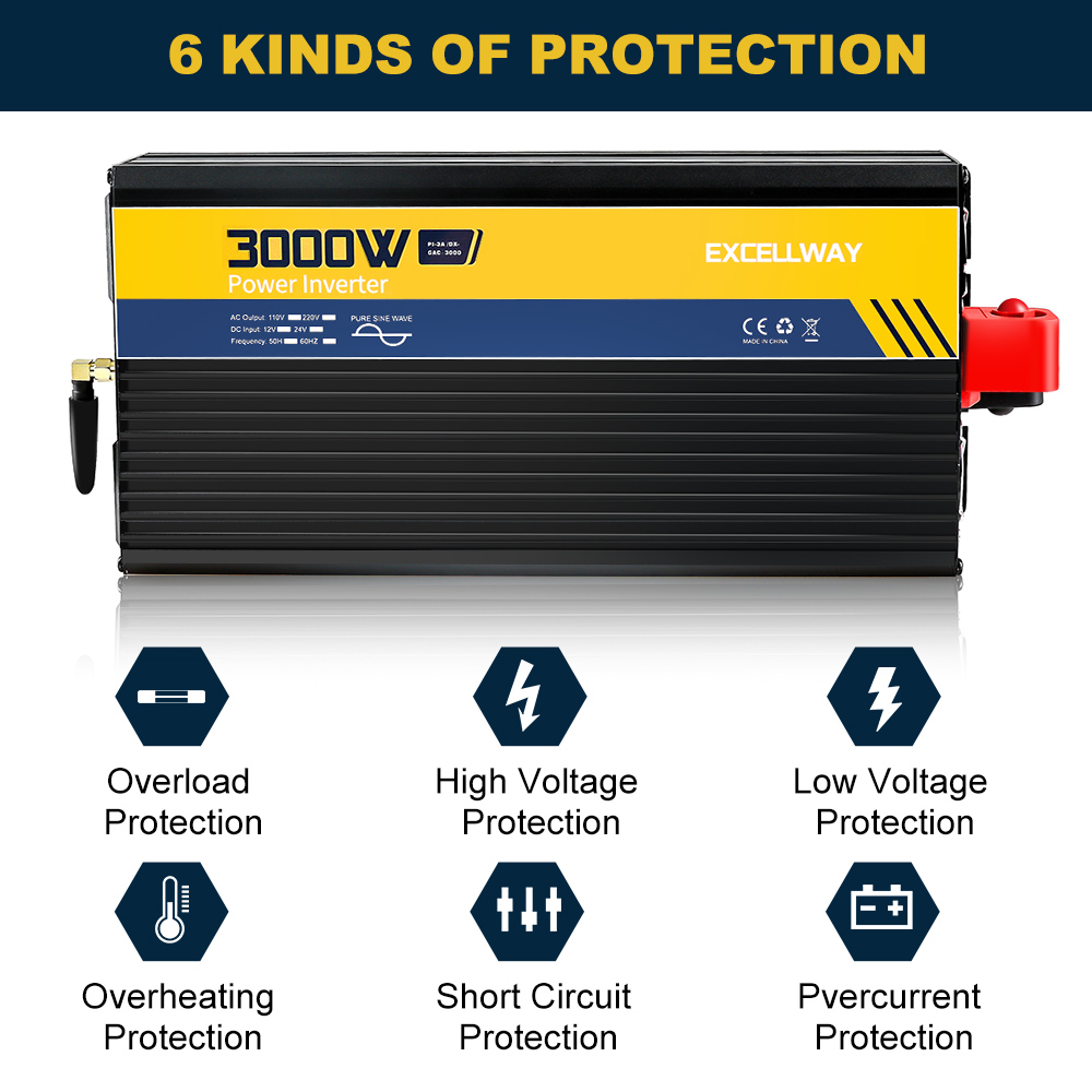 Excellway2200-7000WPureSineWaveInverter220V50HZEUStandard12V24VLEDDisplayPowerInverter-2000216-4