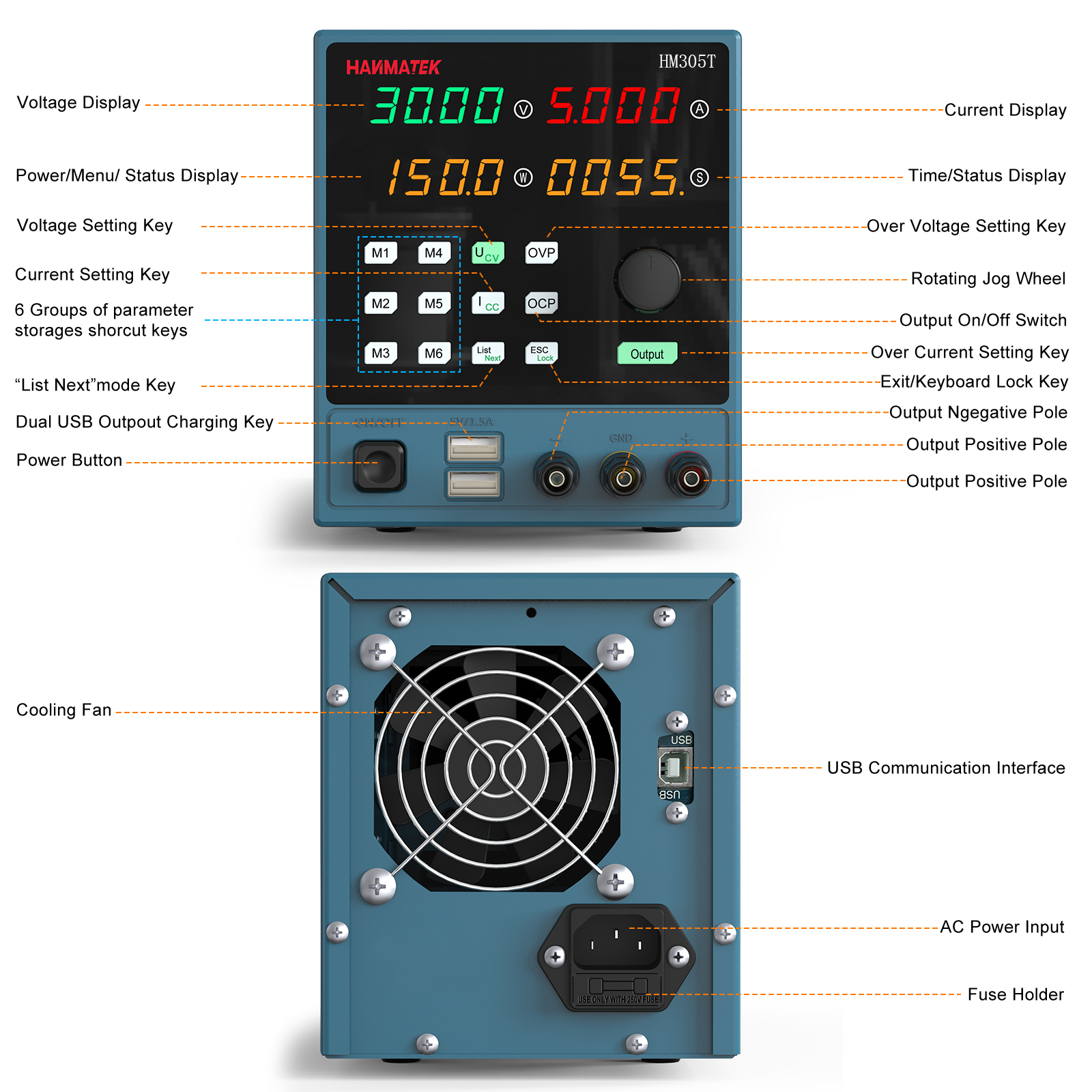 HANMATEKHM305-TDirectCurrentStabilizedPowerSupply0-30V0-5ADualUSBOutputProgrammableDual-Frequency4-D-2001595-5