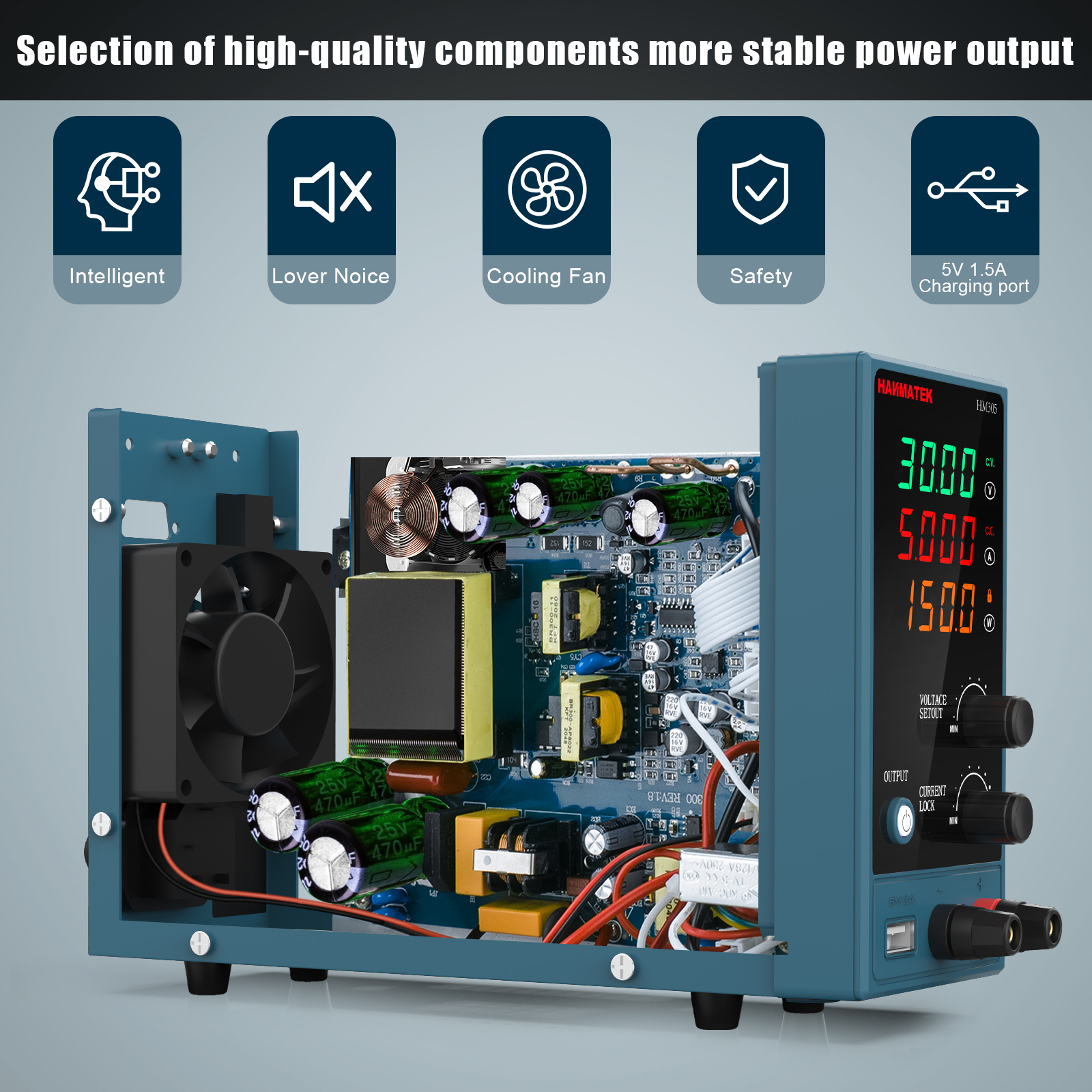 HANMATEKHM305DirectCurrentPowerSupplyDualUSBOutput0-30V0-5APrecisionControlCompactDesignHigh-Efficie-2001550-3
