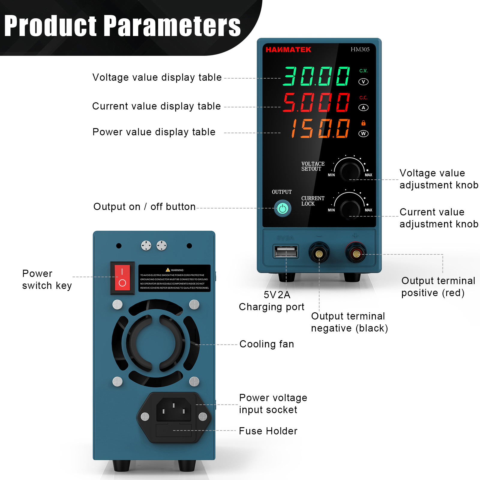 HANMATEKHM305DirectCurrentPowerSupplyDualUSBOutput0-30V0-5APrecisionControlCompactDesignHigh-Efficie-2001550-5