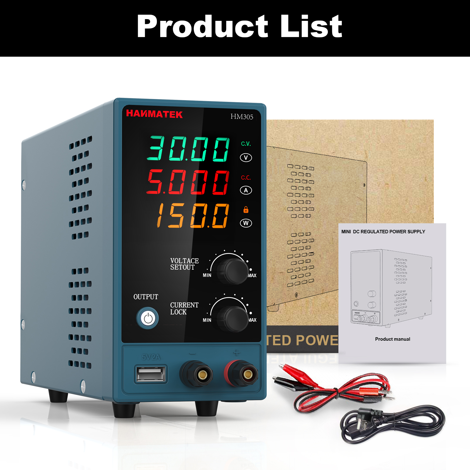 HANMATEKHM305DirectCurrentPowerSupplyDualUSBOutput0-30V0-5APrecisionControlCompactDesignHigh-Efficie-2001550-8