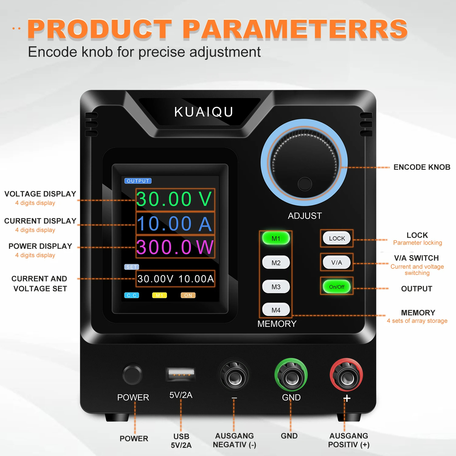 KUAIQUProgrammableDCPowerSupplyAdjustable30530106051203withHD4-DigitColorDisplayPreciseEncoderKnobsU-2010154-3