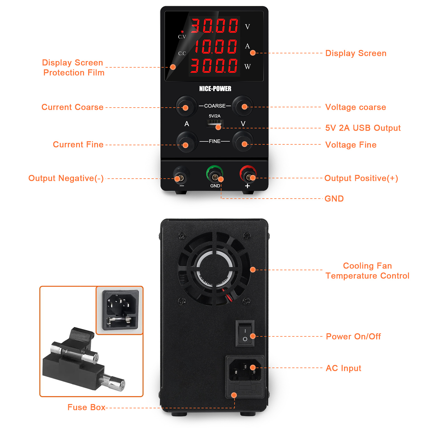 NICE-POWERSPS3010DigitalPowerSupply0-30V0-10AFour-DigitDisplayUSB5V2AAdjustableKnobsStableDCOutput-2000875-2