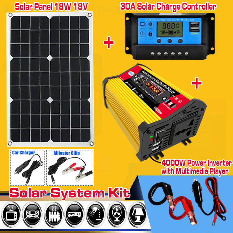 SolarPowerGenerationSystemKitDualUSB18W18VMonoSolarPanel4000WPowerInverterwBluetoothSpeakersandFMRad-1876239-1