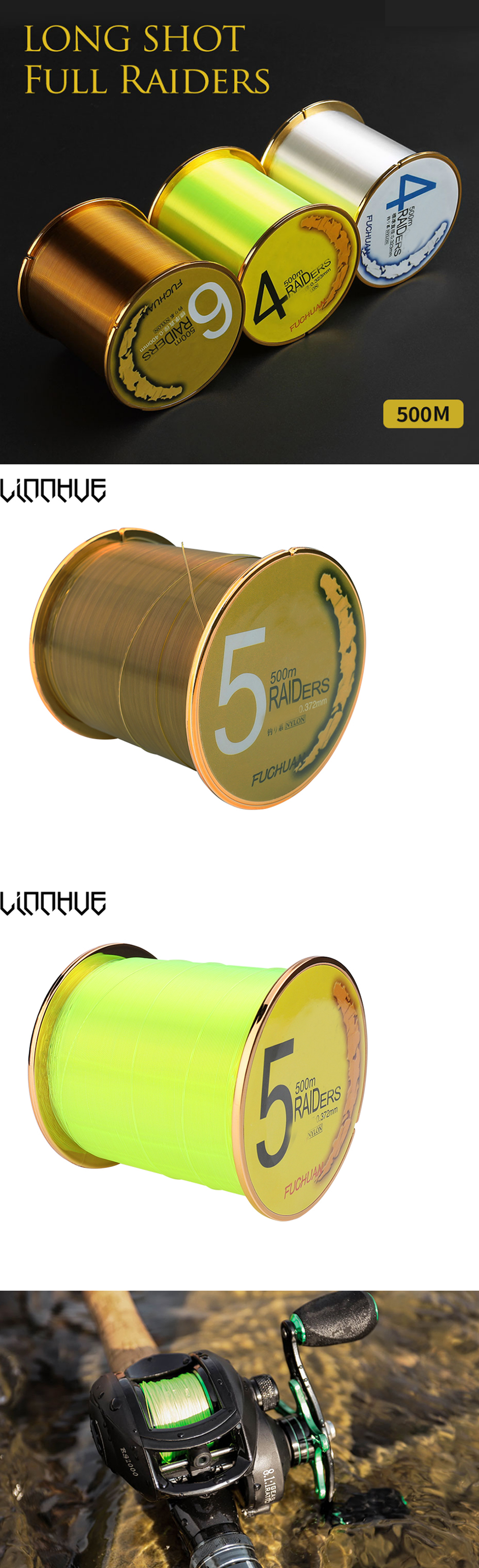 LINNHUE500M10-42LBNylonFishingLineLongShotMonofilamentJapaneseImportedRawSilkFreshwaterCarpFishingAc-1842696-1