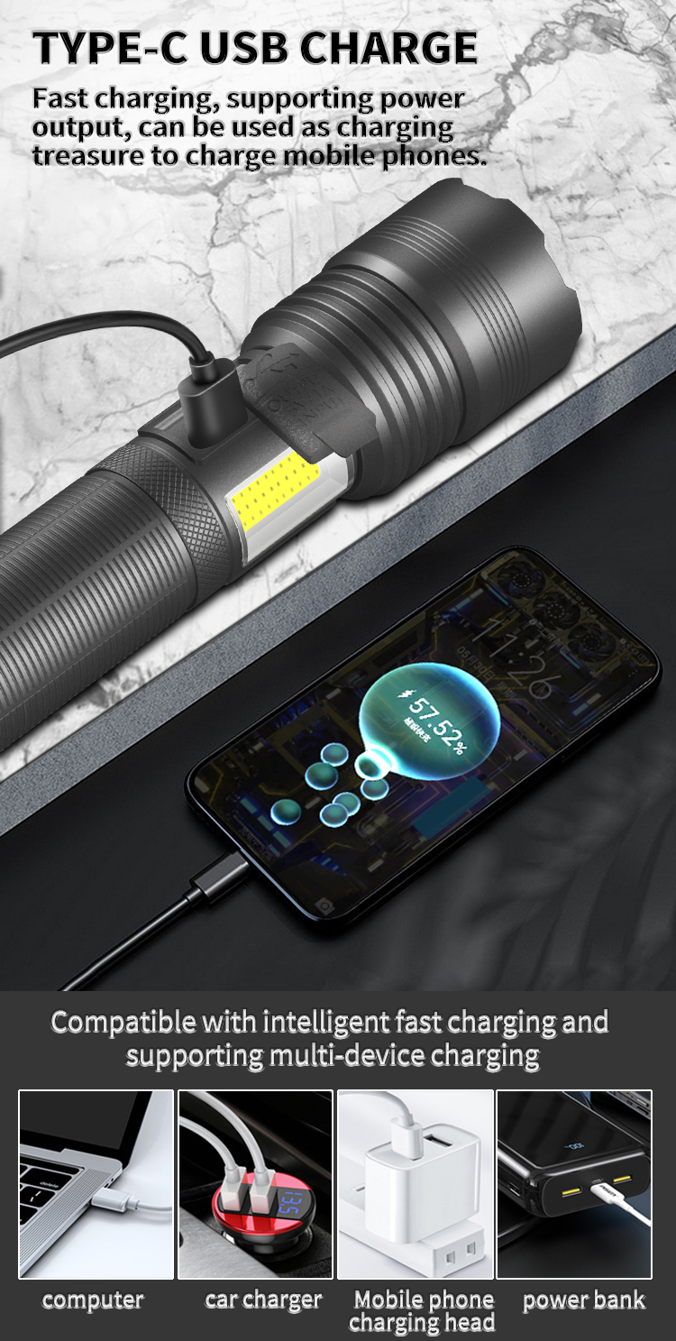 HighPowerXHP70RechargeableLEDFlashlightSideLightCOBRedAndWhiteLightWaterproofTorchTelescopicZoomUSBH-2007330-11