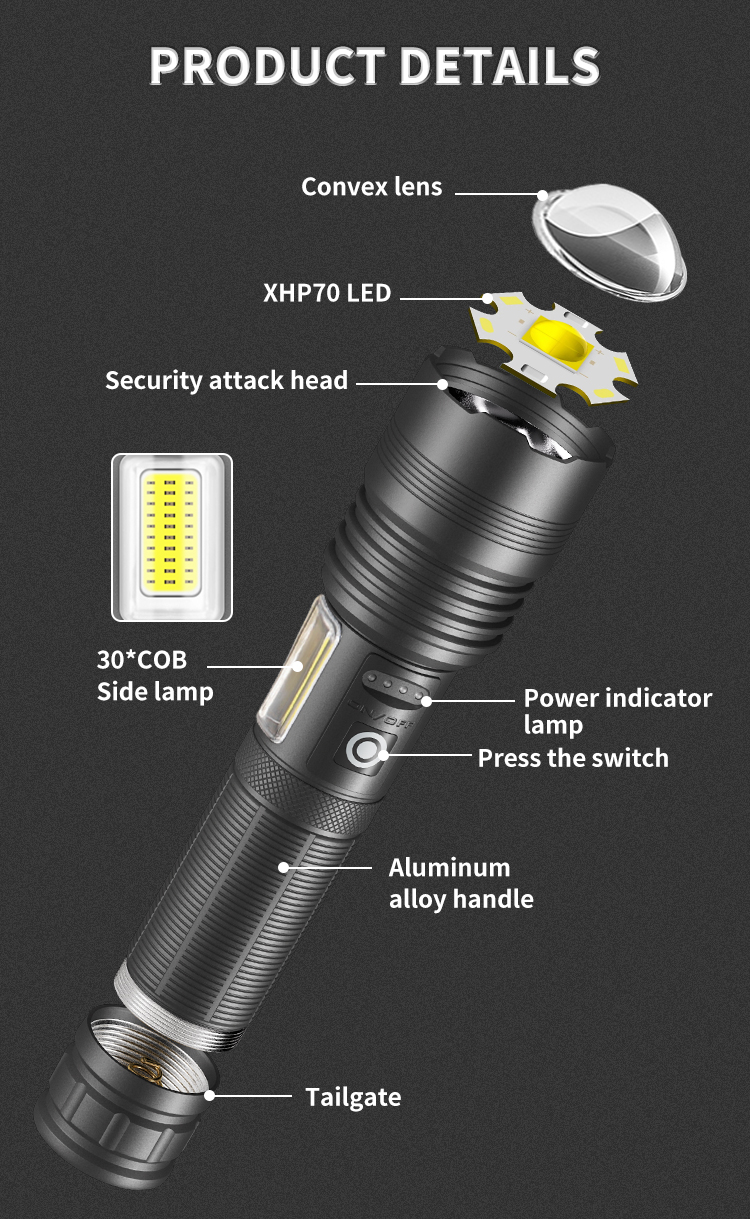 HighPowerXHP70RechargeableLEDFlashlightSideLightCOBRedAndWhiteLightWaterproofTorchTelescopicZoomUSBH-2007330-15