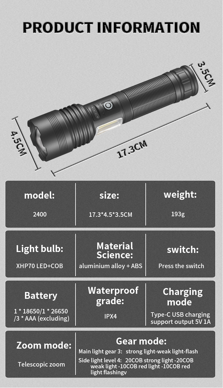 HighPowerXHP70RechargeableLEDFlashlightSideLightCOBRedAndWhiteLightWaterproofTorchTelescopicZoomUSBH-2007330-20