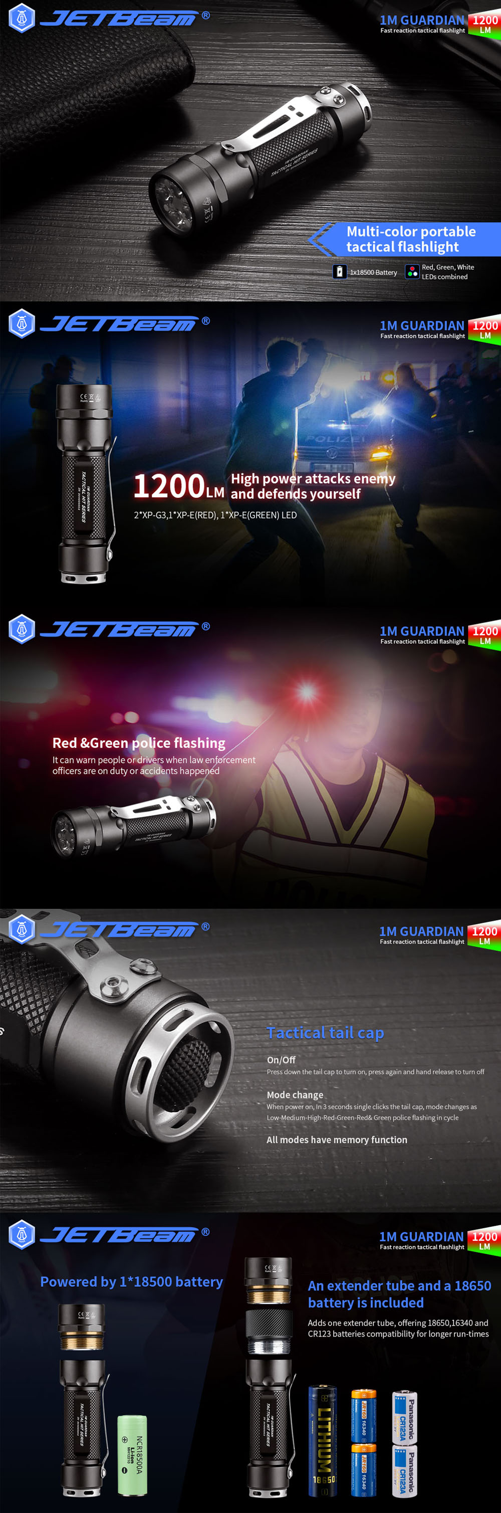 JETBeam1MGUARDIAN5LED1200lmWhiteRedGreenEDCTacticalFlashlight3-colorLightSourceNightVersionProfessio-1984556-1