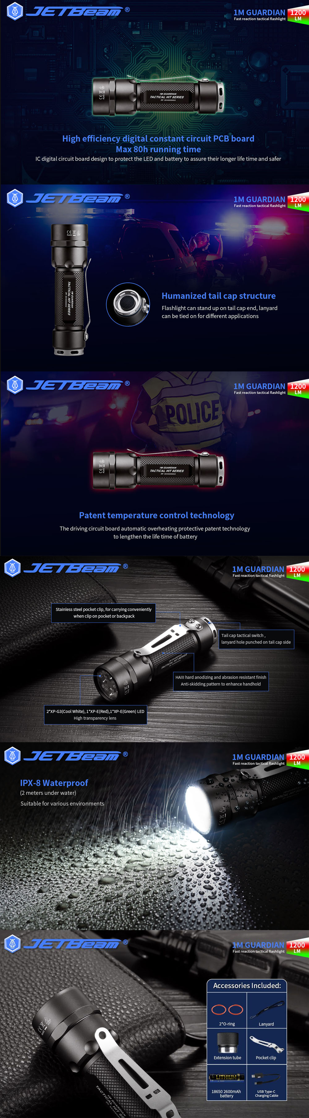 JETBeam1MGUARDIAN5LED1200lmWhiteRedGreenEDCTacticalFlashlight3-colorLightSourceNightVersionProfessio-1984556-2