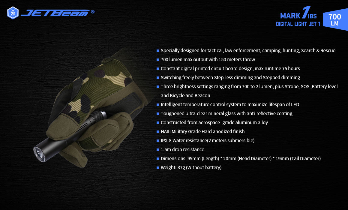 JETbeamMAKIBS700LMXPLLEDFlashlight150MLongRangeTacticalFlashlight14500BatteryType-CCharge7ModesIPX8W-1986874-14