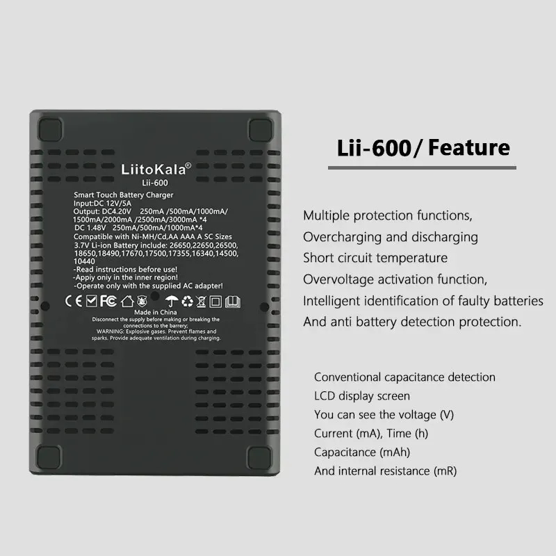 LiitoKalaLii-600LCDDisplayBatteryChargerForLi-ion37VandNiMH12VBatterySuitablefor18650266502170026700-2007616-6