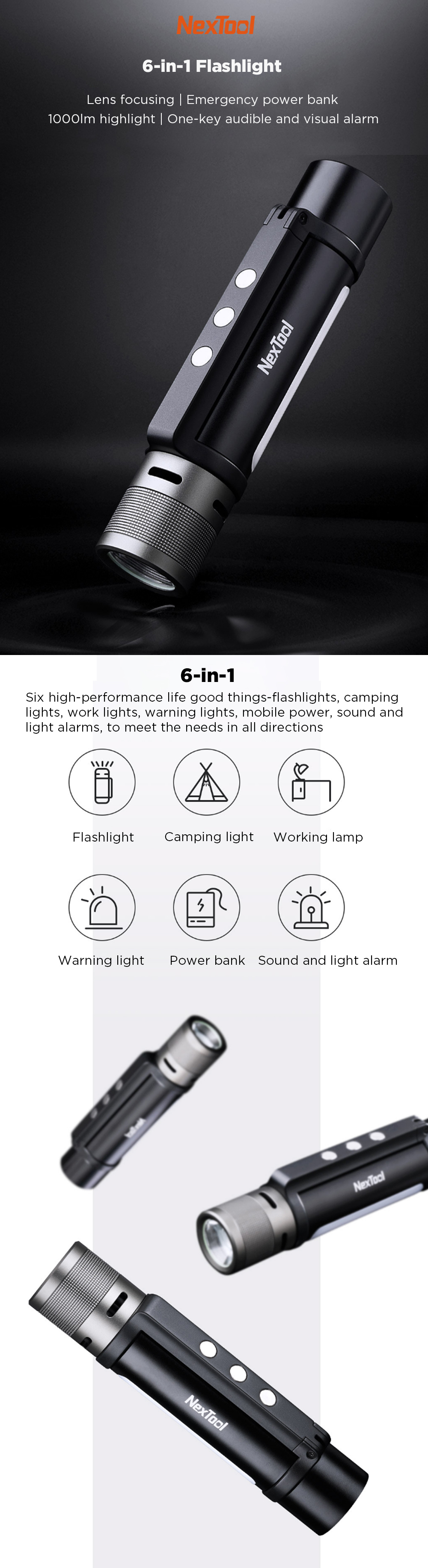 NEXTOOL6-in-11000lmDual-lightZoomableAlarmFlashlightUSB-CRechargeableMobilePowerBankMagneticCampingW-1712063-1