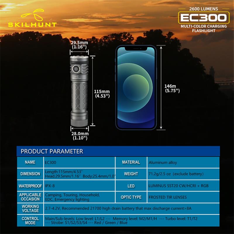 SKILHUNTEC300SST202600Lumens21700RechargeableLEDFlashlightWithMulti-colorRGBWLightForOutdoorActiviti-1986526-2
