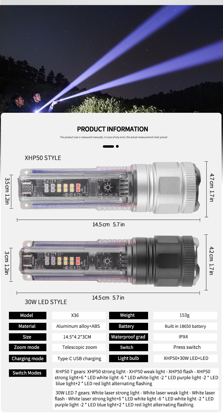 SolarPortableTorchKeychainTelescopicZoom30WXHP50LEDStrongLight18650Type-CFlashlightMultiLightSourceO-2003553-17