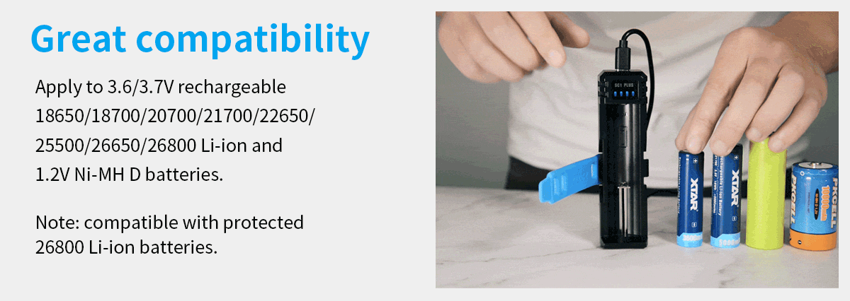 XTARSC1PLUSSingle-SlotBatteryChargerQCPDUSBC3AFastCharging21700266502680018650NiMHBatteries10WPowerB-2000109-6