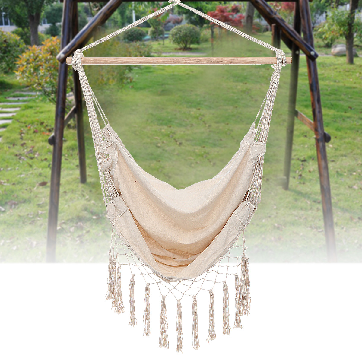 CanvasSwingHangingHammockChairCottonRopeTasselTreeChairSeatPatioOutdoor-1522210-3