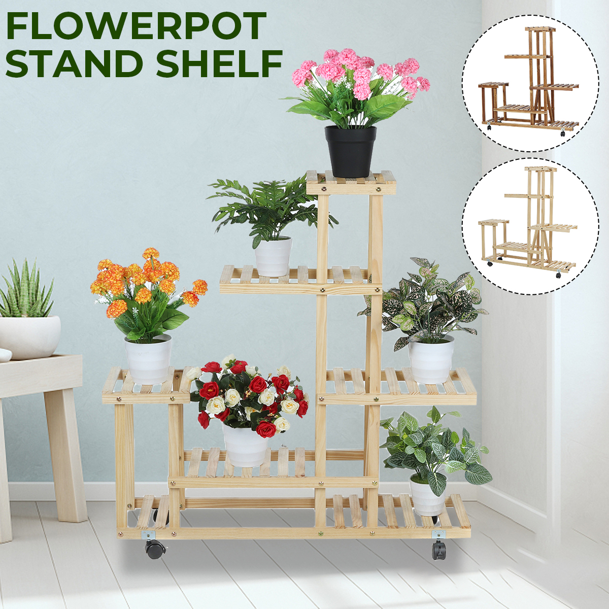 Multi-layerWoodGardenPlantFlowerPotStandShelfNurseryDisplayShelvesRackSpadeShovelHarrowFlowerpotTool-1829365-1