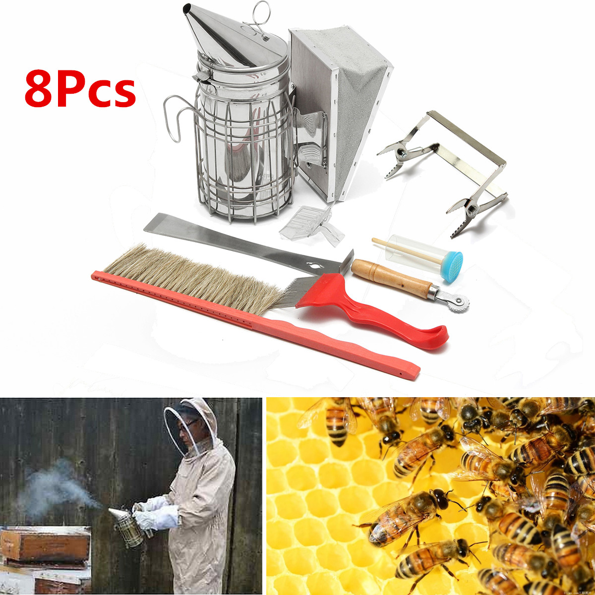 8PCSBEEEquipmentSmokerBrushUncappingForkQueenCatcherCombToolBeekeeping-1167561-1