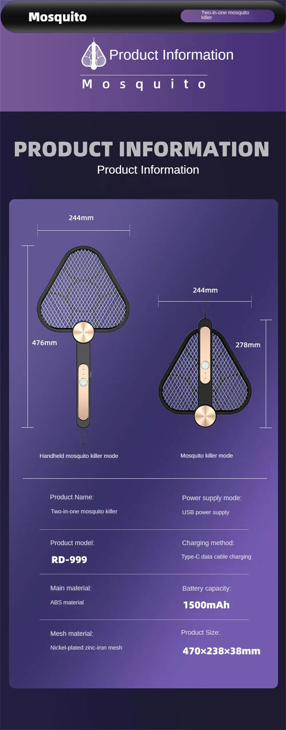 SuperEfficient2-in-1MosquitoKillerwithSilentOperationPurpleLightRippleTechnologyNickel-zincIronMeshB-2014612-14