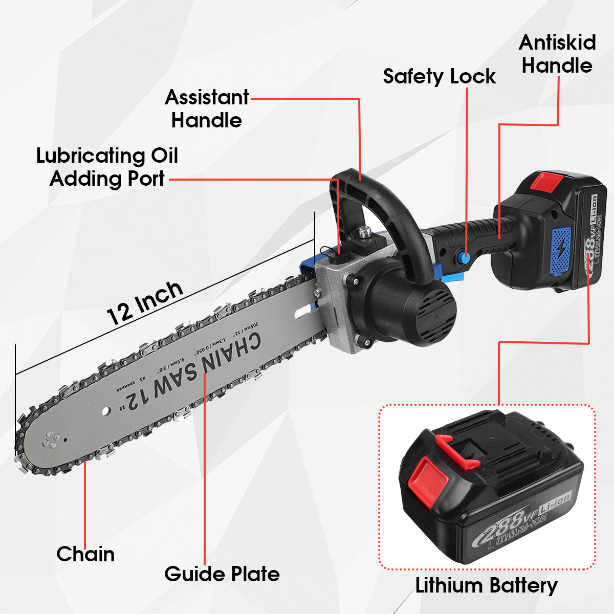 288VF12CordlessElectricChainSawOne-HandSawWoodworkingToolW12pcsBattery-1847802-6