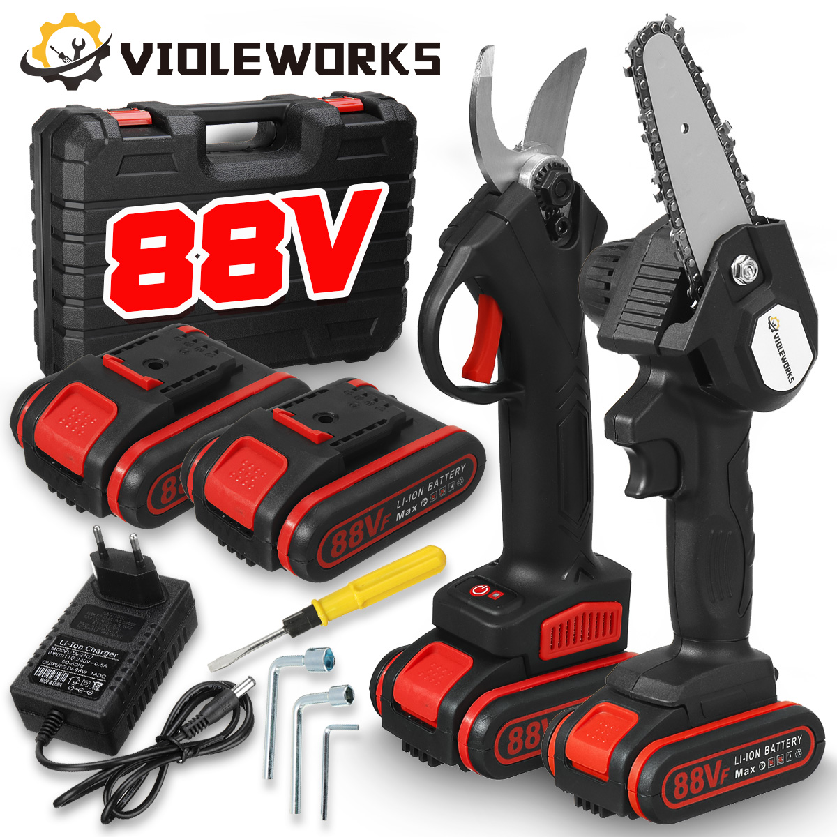 88VF2IN1CordlessElectricChainSawPruningShearsSecateurBranchCutterScissorWoodworkingToolW2pcsBattery-1849690-1