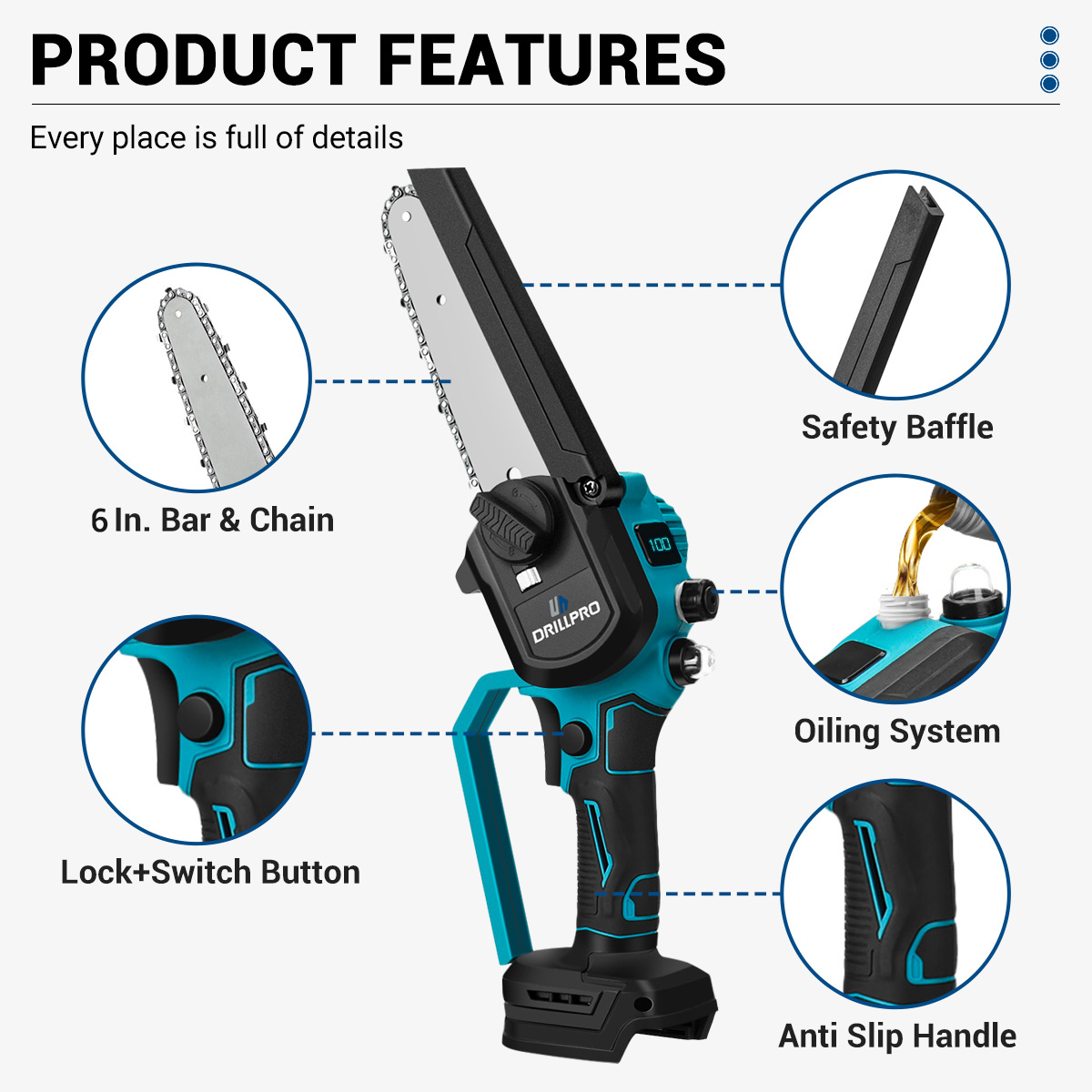 DrillproBrushlessElectricCordlessChainsawwith3000WHigh-Efficiency6-InchGuidePlateforSmoothPreciseCut-2010920-5