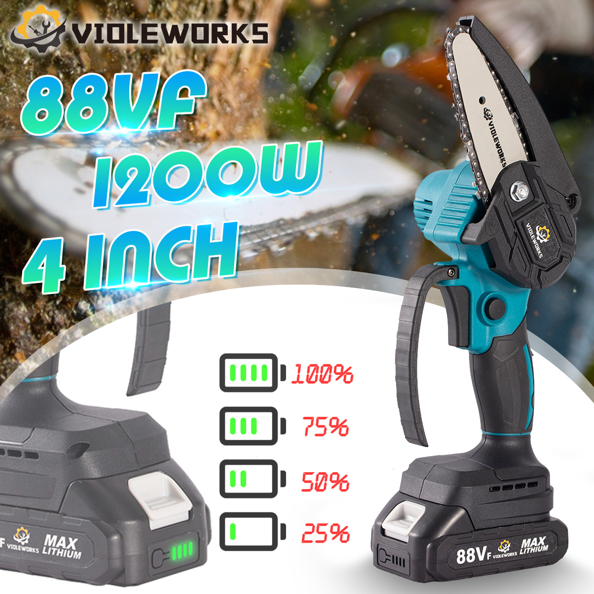 VIOLEWORKS4Inch88VFCordlessElectricChainSawOne-HandSawWoodworkingToolWNone1pc2pcsDisplayBatteryForMa-1828482-1