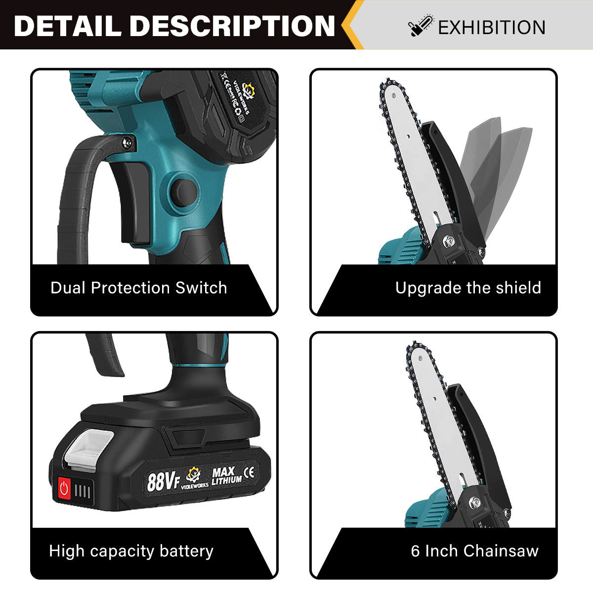 VIOLEWORKS88VF6InchElectricChainSaw1500WCordlessOne-HandSawsWoodworkingToolWoodCutterWNone12BatteryF-1862023-6