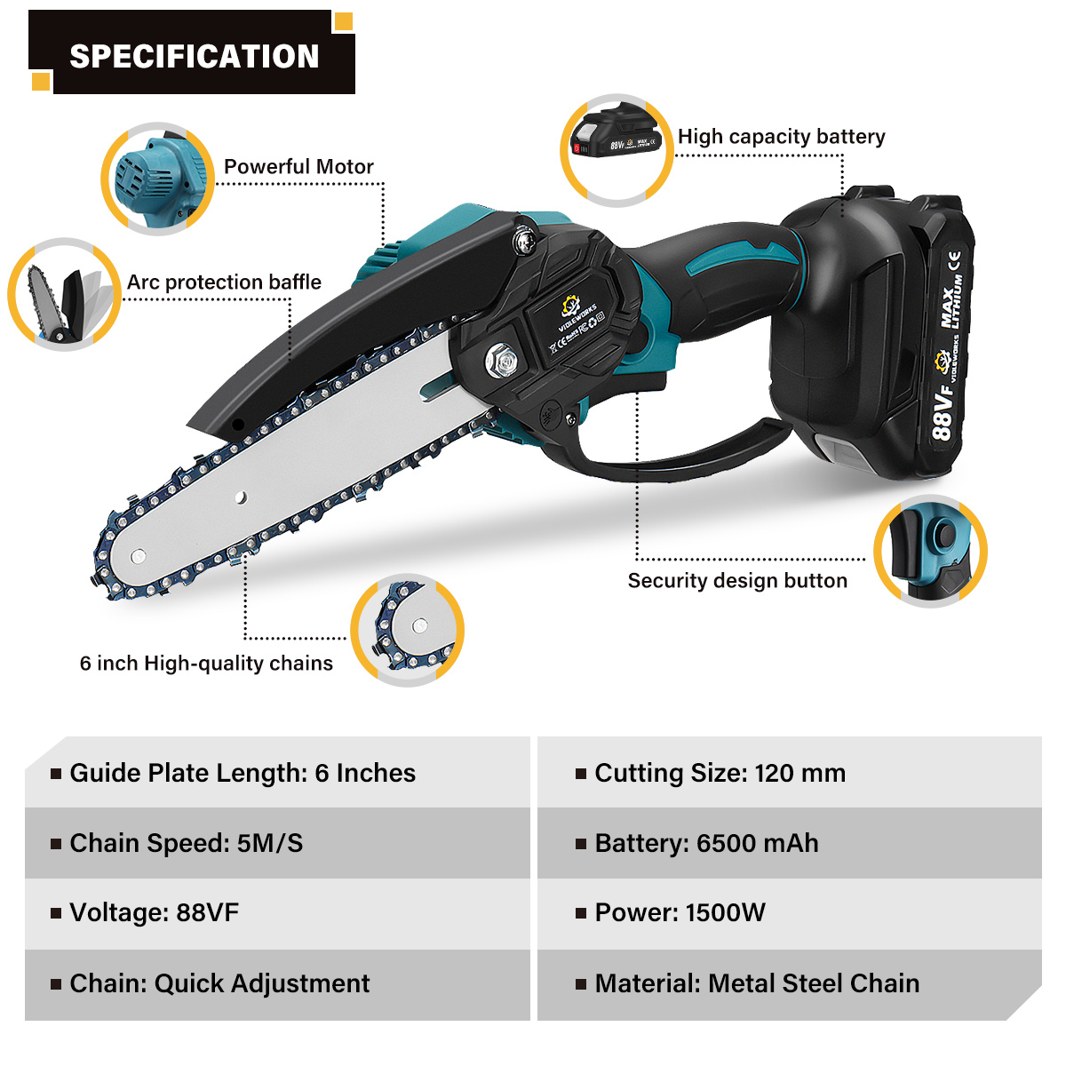 VIOLEWORKS88VF6InchElectricChainSaw1500WCordlessOne-HandSawsWoodworkingToolWoodCutterWNone12BatteryF-1862023-8