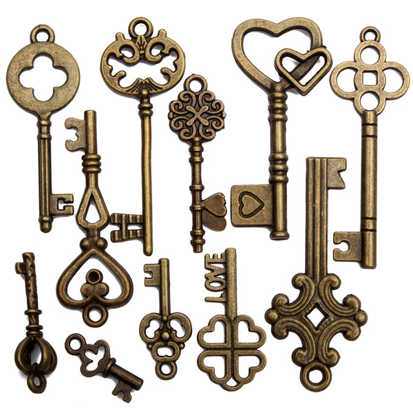 11PcsAntiqueVintageOldLookSkeletonKeySetPendantHeartBowSteampunkLock-986760-1