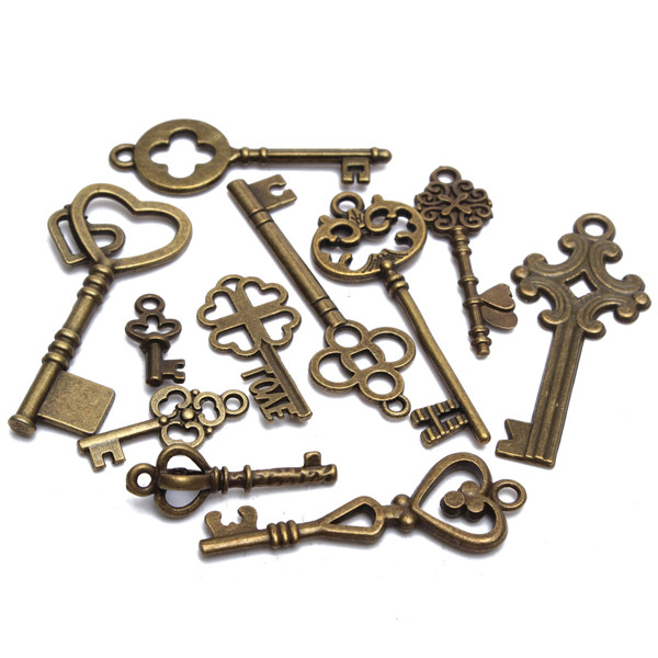 11PcsAntiqueVintageOldLookSkeletonKeySetPendantHeartBowSteampunkLock-986760-2