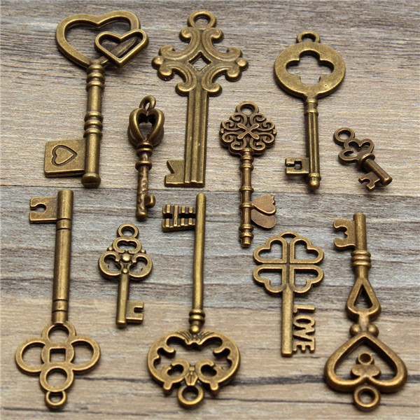 11PcsAntiqueVintageOldLookSkeletonKeySetPendantHeartBowSteampunkLock-986760-3