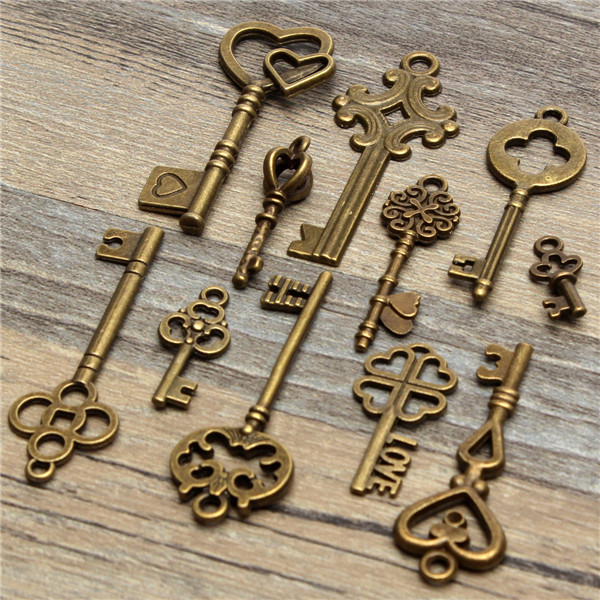 11PcsAntiqueVintageOldLookSkeletonKeySetPendantHeartBowSteampunkLock-986760-4