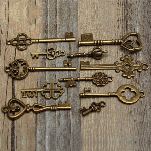 11PcsAntiqueVintageOldLookSkeletonKeySetPendantHeartBowSteampunkLock-986760-5