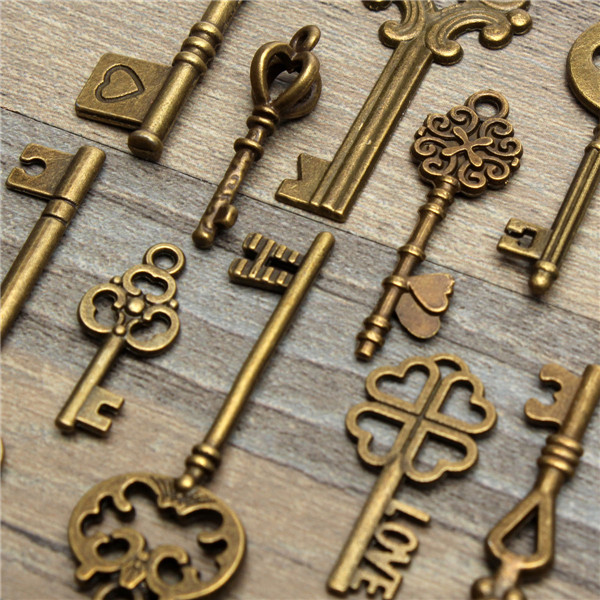 11PcsAntiqueVintageOldLookSkeletonKeySetPendantHeartBowSteampunkLock-986760-6