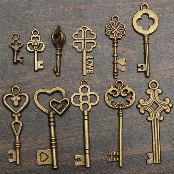 11PcsAntiqueVintageOldLookSkeletonKeySetPendantHeartBowSteampunkLock-986760-7