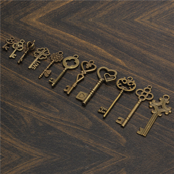 11PcsAntiqueVintageOldLookSkeletonKeySetPendantHeartBowSteampunkLock-986760-8