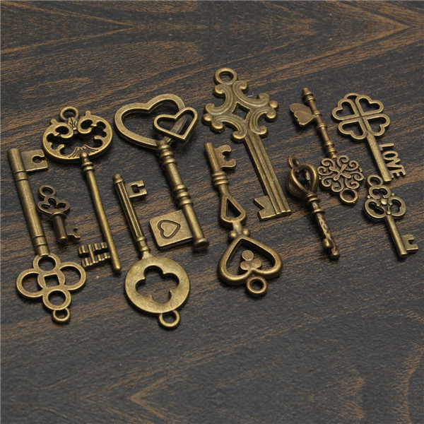 11PcsAntiqueVintageOldLookSkeletonKeySetPendantHeartBowSteampunkLock-986760-9