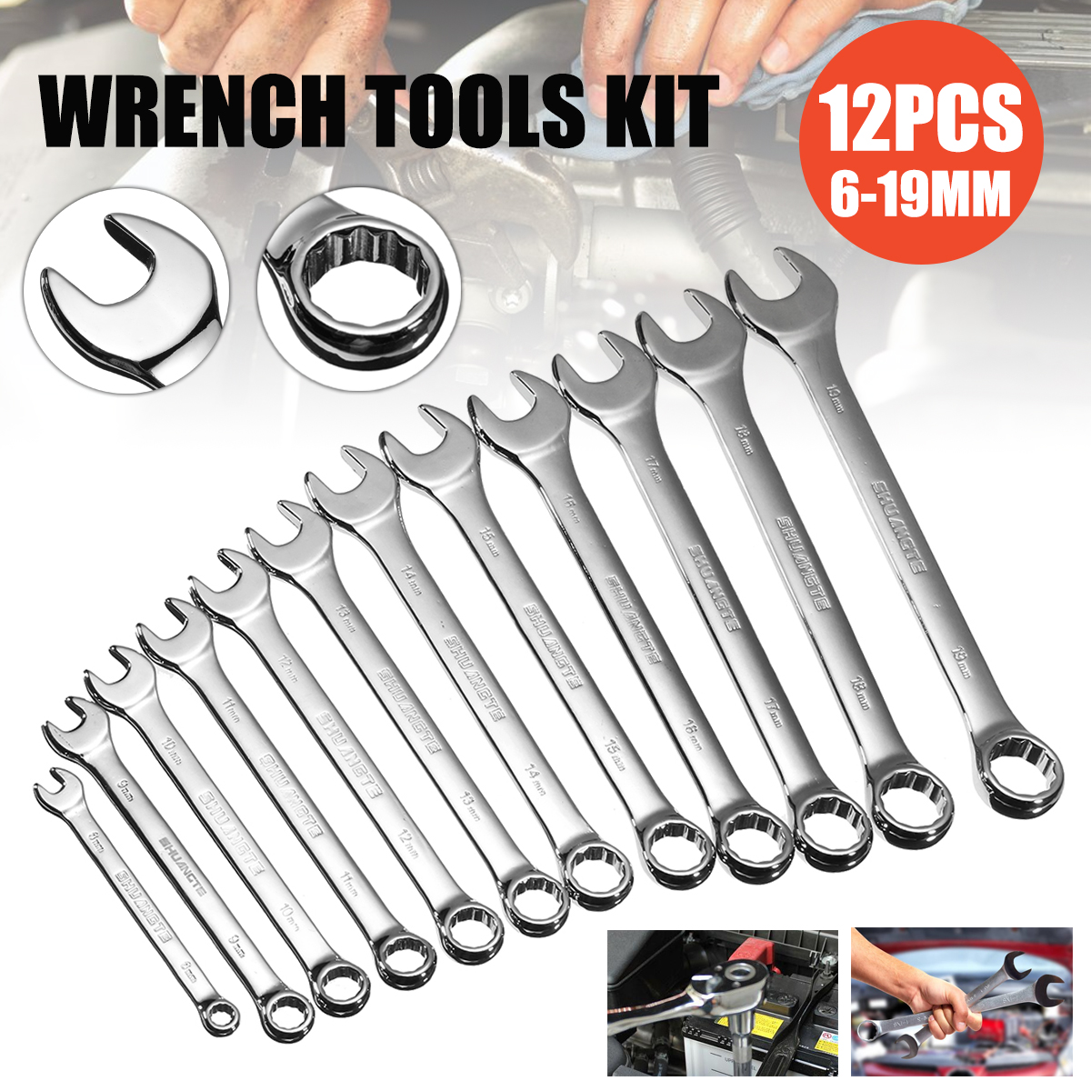 12pcsSpannersWrenchChromeVanadiumSteelPolishedToolSetKit6-19mm-1262792-5