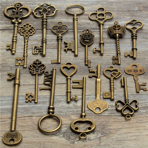 18PcsAntiqueVintageOldLookSkeletonKeyLotPendantHeartBowLockSteampunk-995561-1